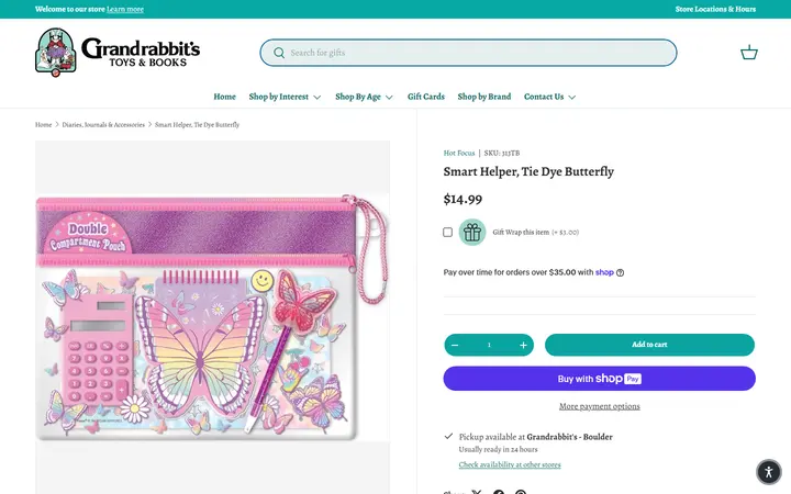 Website page titled Smart Helper, Tie Dye Butterfly – Grandrabbit's Toy Shoppe