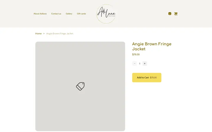 Website page titled Angie Brown Fringe Jacket | AdiLuna Boutique Site