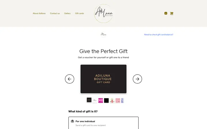 Website page titled Gift cards | AdiLuna Boutique Site