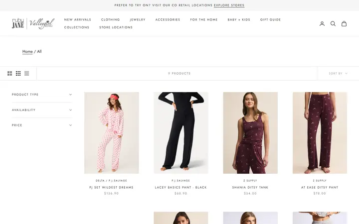 Website page titled The Cozy Shop - Ruby Jane & Valleygirl Boutique