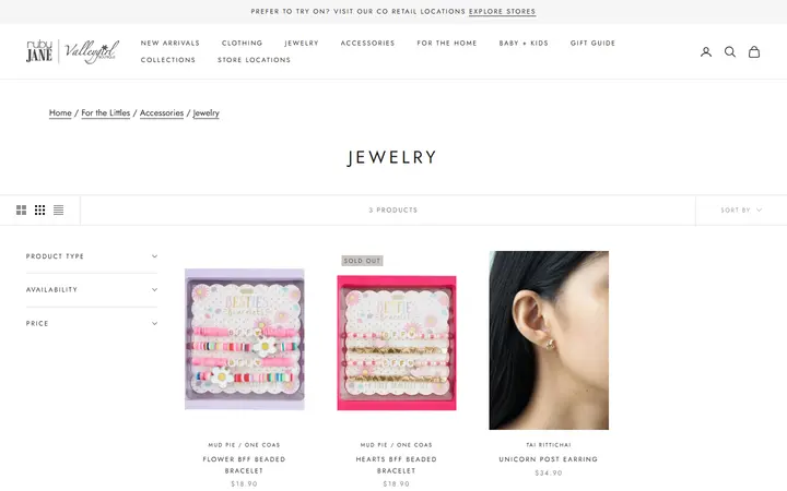 Website page titled Jewelry for the Littles - Ruby Jane