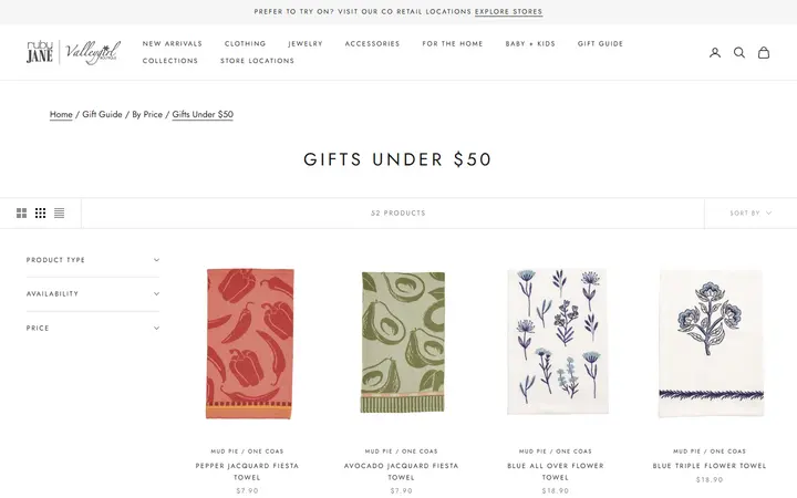 Website page titled Gifts Under $50 - Ruby Jane & Valleygirl Boutique