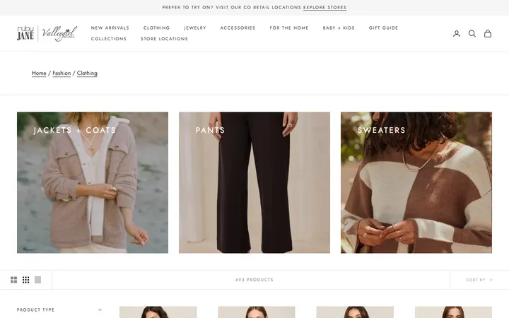 Website page titled Clothing - Ruby Jane