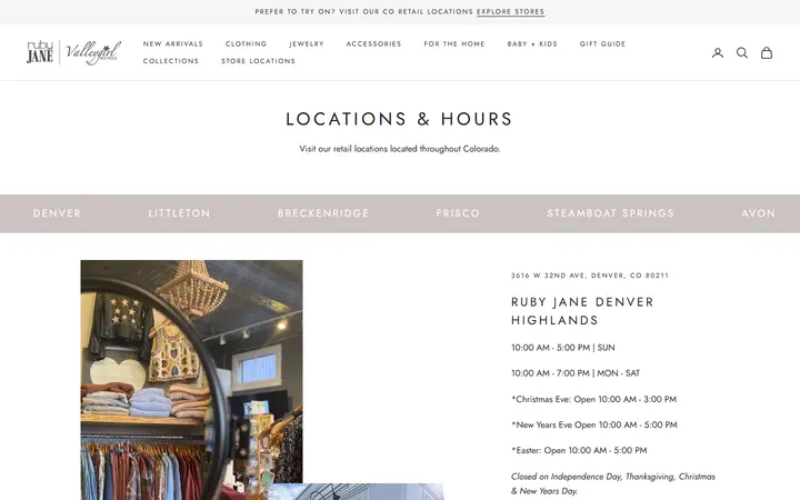 Website page titled Locations + Hours