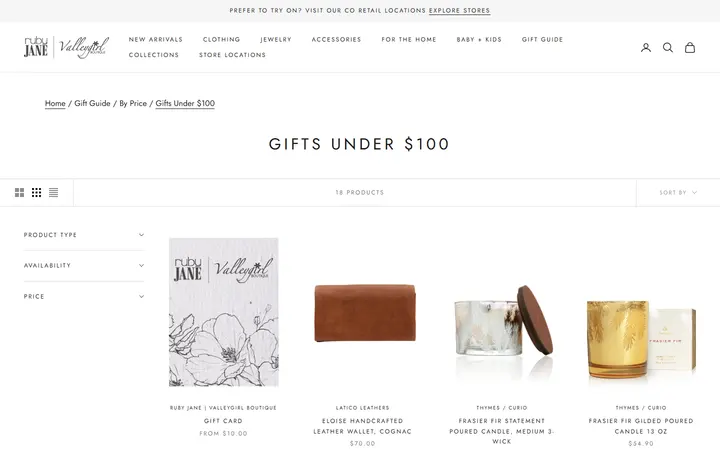 Website page titled Gifts Under $100 - Ruby Jane & Valleygirl Boutique