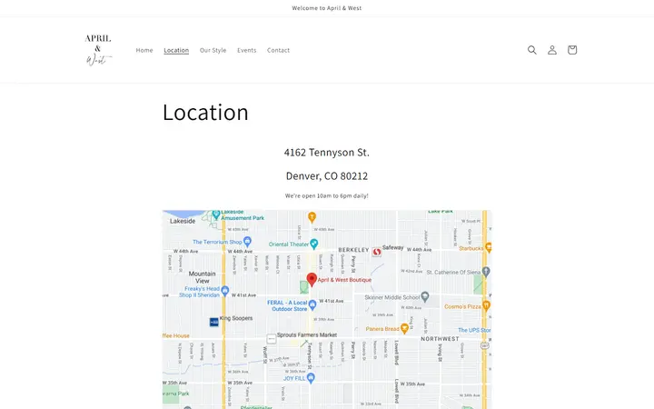 Website page titled Location – April & West