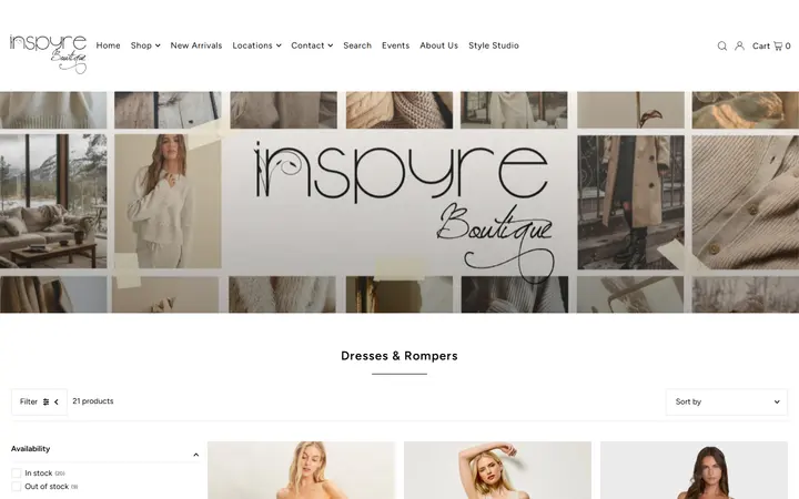 Website page titled Dresses & Rompers | Inspyre Boutique
