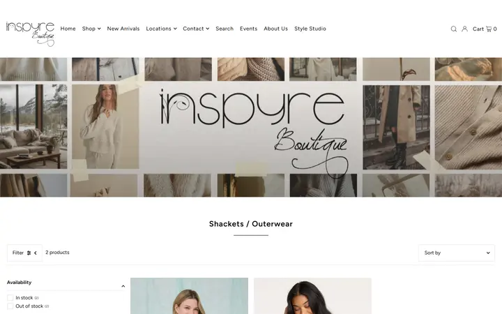 Website page titled Outerwear, Jackets & Vests | Inspyre Boutique