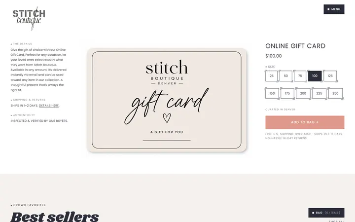 Website page titled Online Gift Card | Stitch Boutique