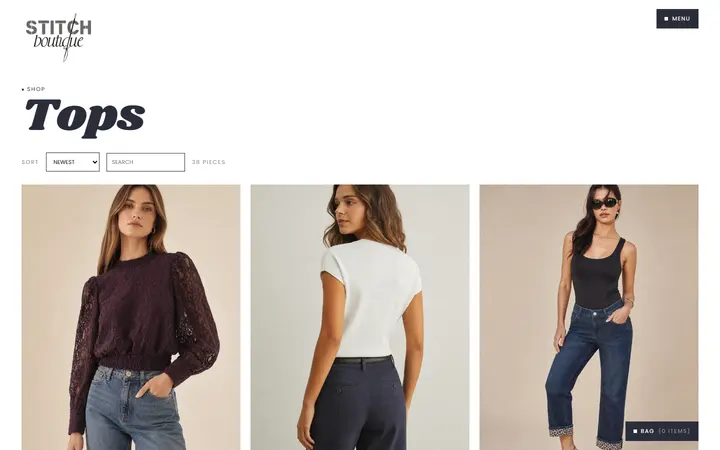 Website page titled Tops | Stitch Boutique