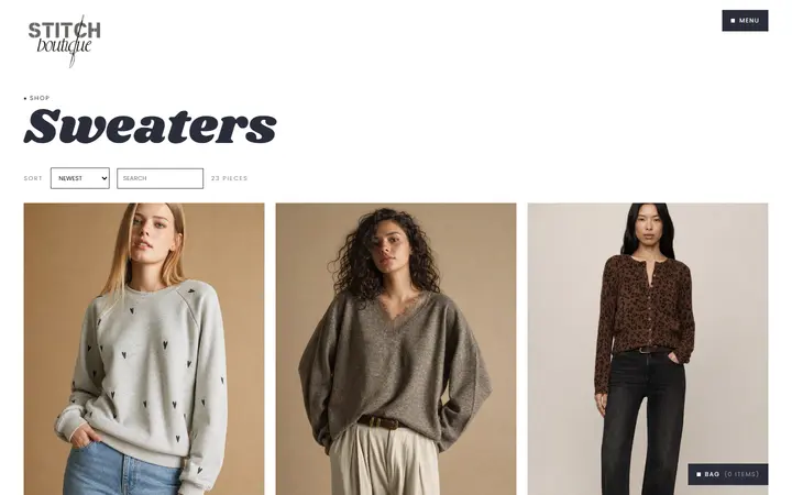 Website page titled Sweaters | Stitch Boutique