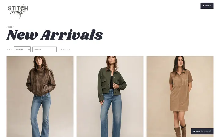 Website page titled New Arrivals | Stitch Boutique