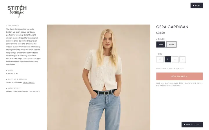 Website page titled Cera Cardigan | Stitch Boutique