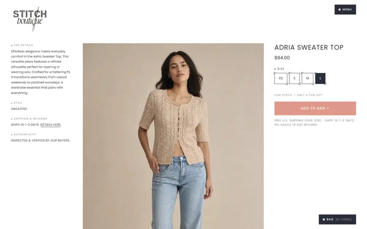 Website page titled Adria Sweater Top | Stitch Boutique