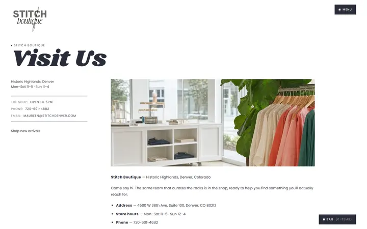 Website page titled Visit Us | Stitch Boutique