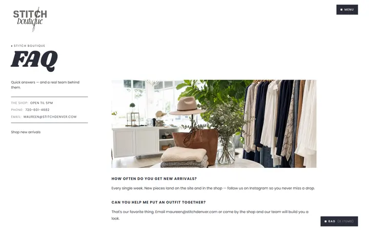 Website page titled FAQ | Stitch Boutique