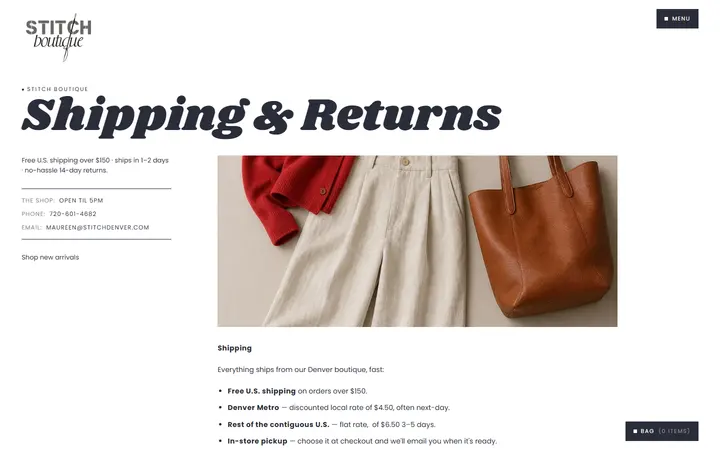 Website page titled Shipping & Returns | Stitch Boutique