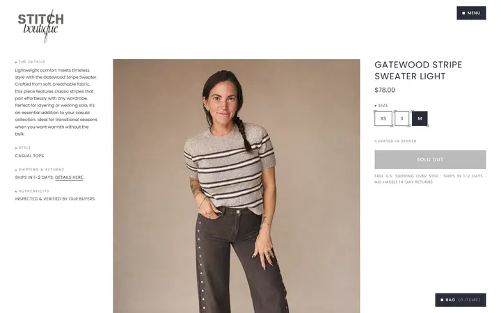 Website page titled Gatewood Stripe Sweater Light | Stitch Boutique