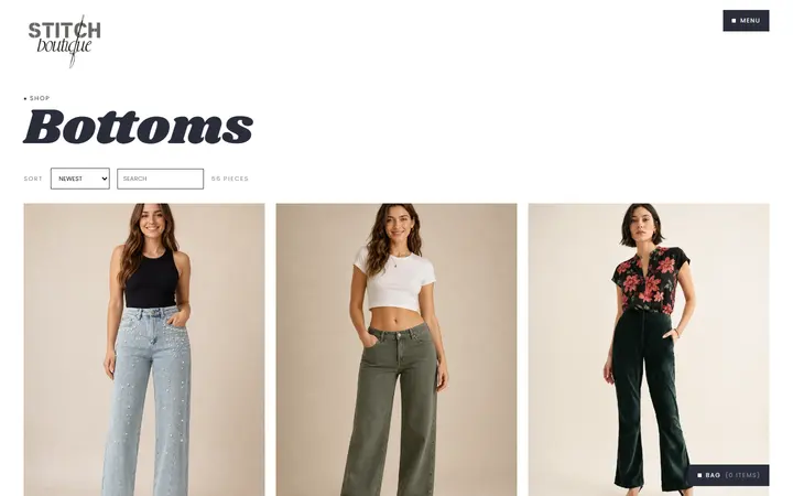 Website page titled Bottoms | Stitch Boutique