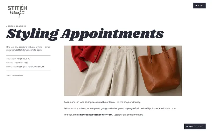Website page titled Styling Appointments | Stitch Boutique