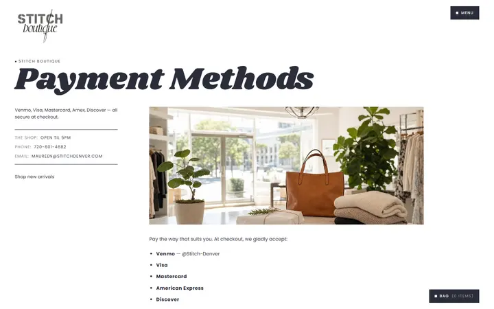 Website page titled Payment Methods | Stitch Boutique