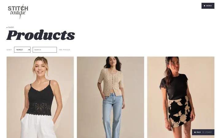 Website page titled Products | Stitch Boutique