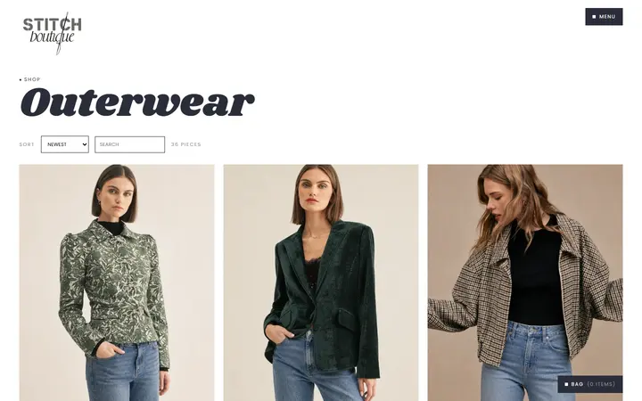 Website page titled Outerwear | Stitch Boutique