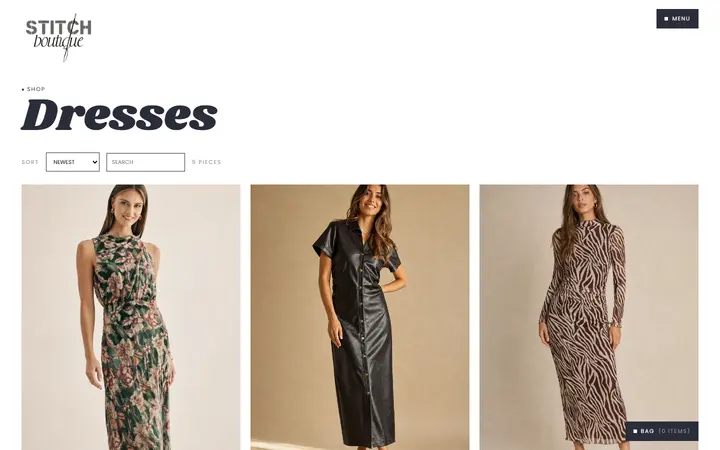 Website page titled Dresses | Stitch Boutique