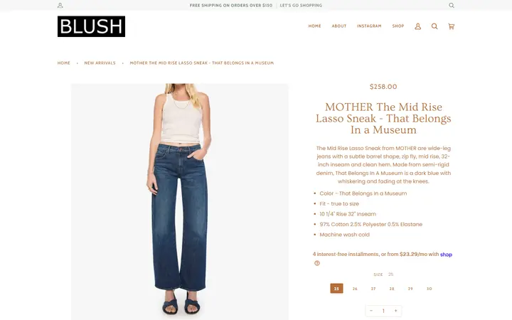 Website page titled MOTHER The Mid Rise Lasso Sneak - That Belongs In a Museum – BLUSH