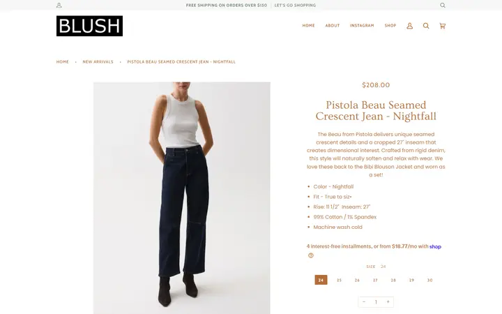 Website page titled Pistola Beau Seamed Crescent Jean - Nightfall – BLUSH