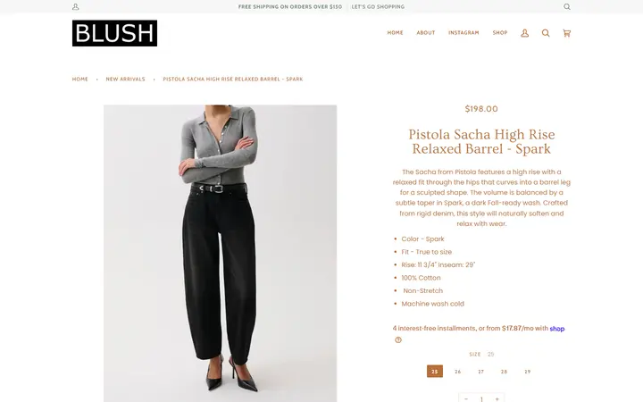 Website page titled Pistola Sacha High Rise Relaxed Barrel - Spark – BLUSH
