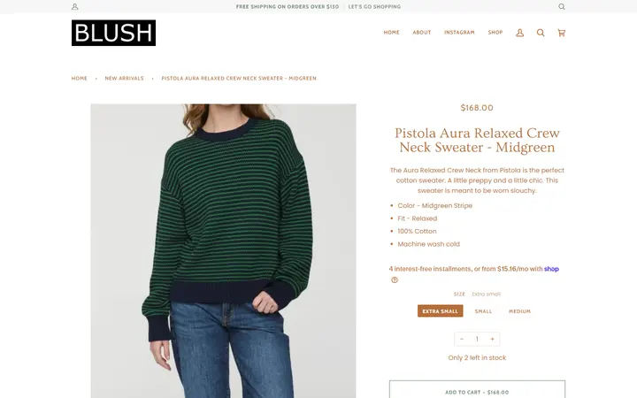 Website page titled Pistola Aura Relaxed Crew Neck Sweater - Midgreen – BLUSH