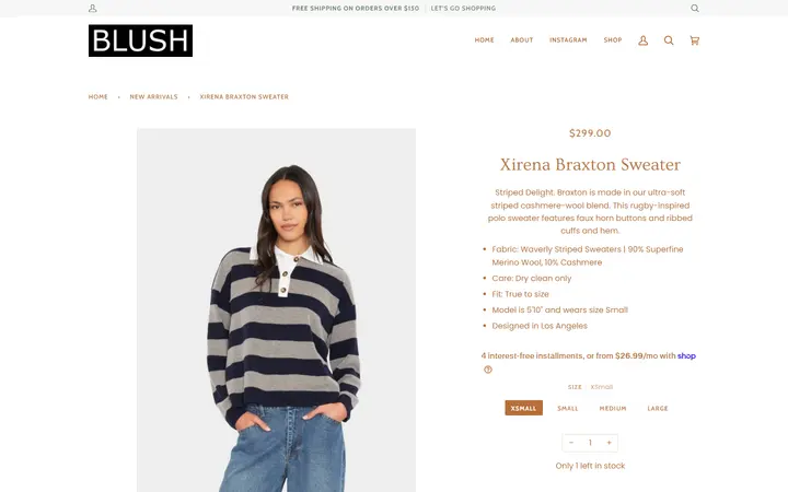 Website page titled Xirena Braxton Sweater – BLUSH