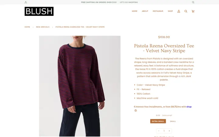 Website page titled Pistola Reena Oversized Tee - Velvet Navy Stripe – BLUSH