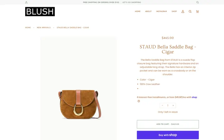 Website page titled STAUD Bella Saddle Bag - Cigar – BLUSH