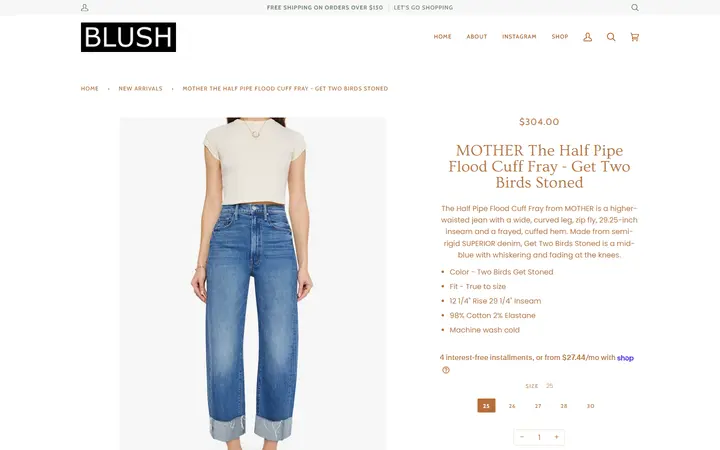 Website page titled MOTHER The Half Pipe Flood Cuff Fray - Get Two Birds Stoned – BLUSH