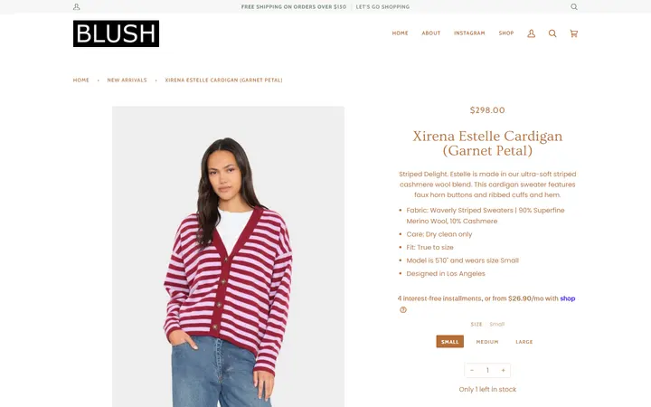 Website page titled Xirena Estelle Cardigan (Garnet Petal) – BLUSH