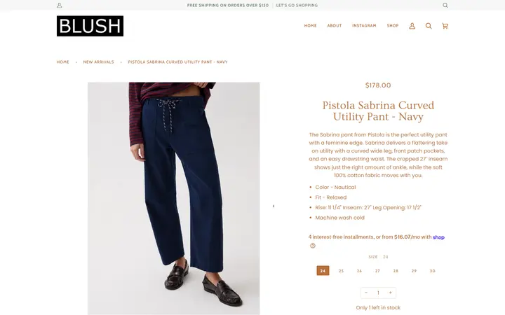 Website page titled Pistola Sabrina Curved Utility Pant - Navy – BLUSH