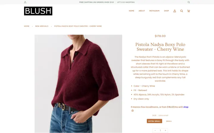 Website page titled Pistola Nadya Boxy Polo Sweater - Cherry Wine – BLUSH