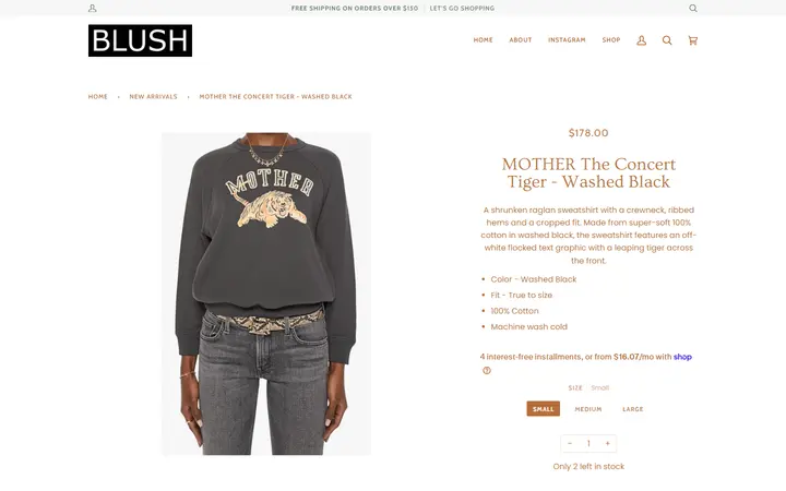 Website page titled MOTHER The Concert Tiger - Washed Black – BLUSH