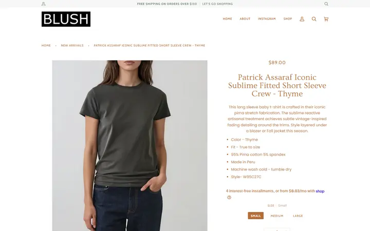Website page titled Patrick Assaraf Iconic Sublime Fitted Short Sleeve Crew - Thyme – BLUSH