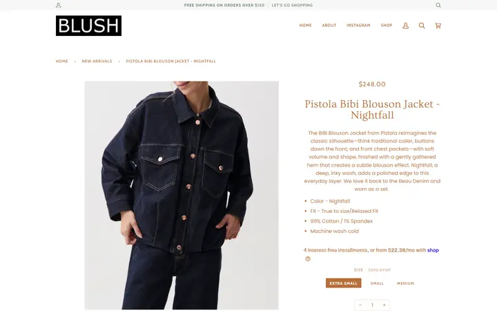 Website page titled Pistola Bibi Blouson Jacket - Nightfall – BLUSH