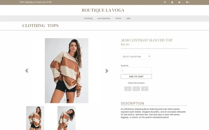 Website page titled AEMI Contrast Slouchy Top Tops at Boutique La Voga