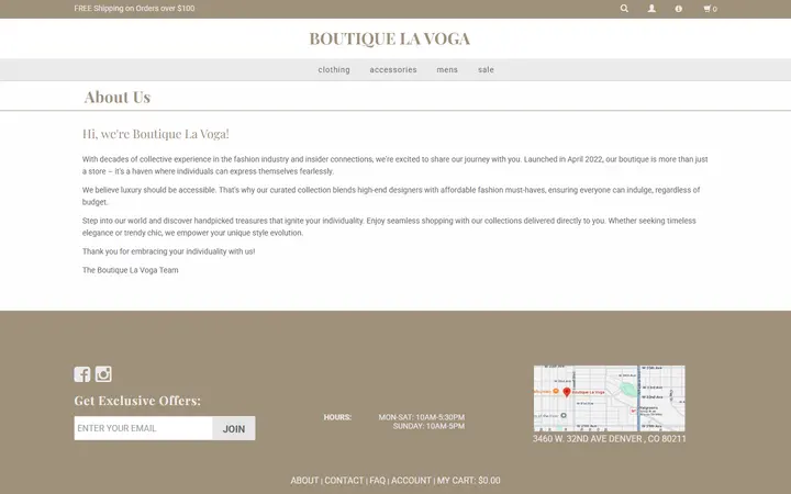 Website page titled About Boutique La Voga - Denver