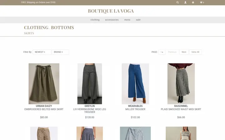 Website page titled Bottoms — Boutique La Voga