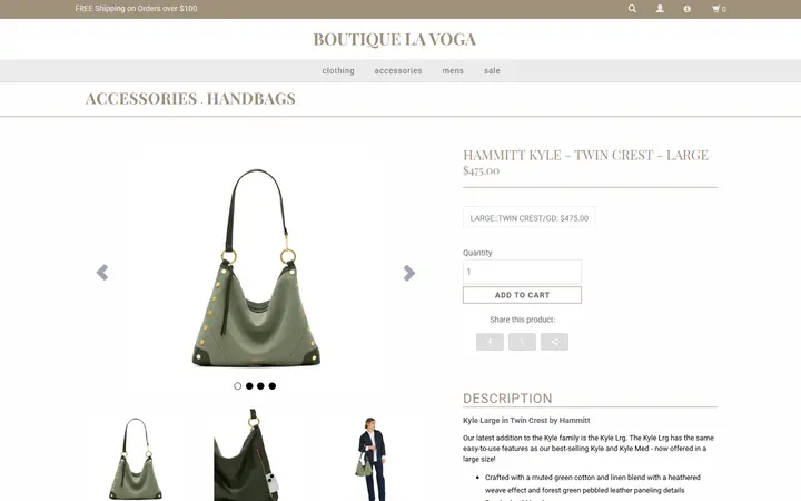 Website page titled Hammitt Kyle - Twin Crest - Large Handbags at Boutique La Voga