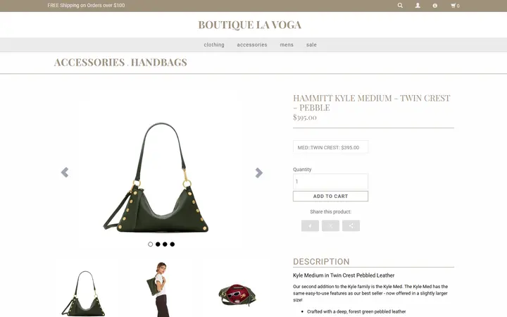 Website page titled Hammitt Kyle Medium - Twin Crest - Pebble Handbags at Boutique La Voga