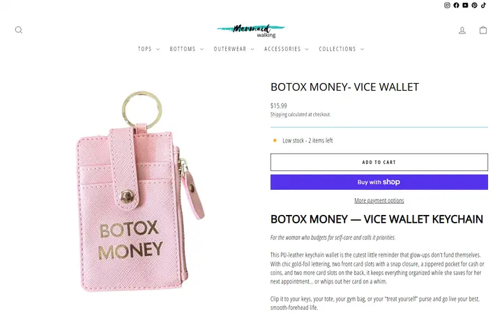 Website page titled Botox Money- Vice Wallet – Mermaid Walking Boutique