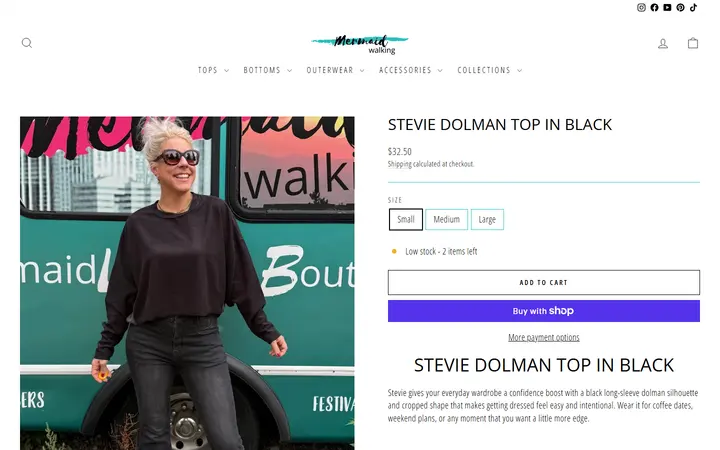 Website page titled Black Dolman Sleeve Crop Top | Stevie | Mermaid Walking Boutique