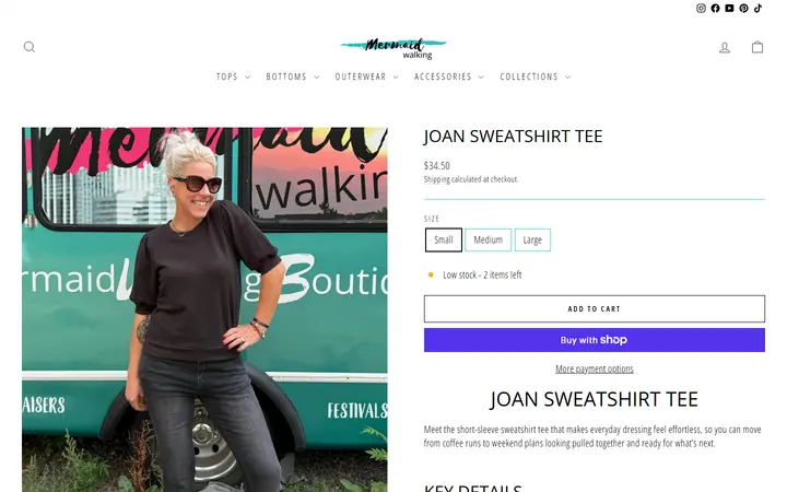 Website page titled Short Sleeve Sweatshirt Tee | Joan | Mermaid Walking Boutique